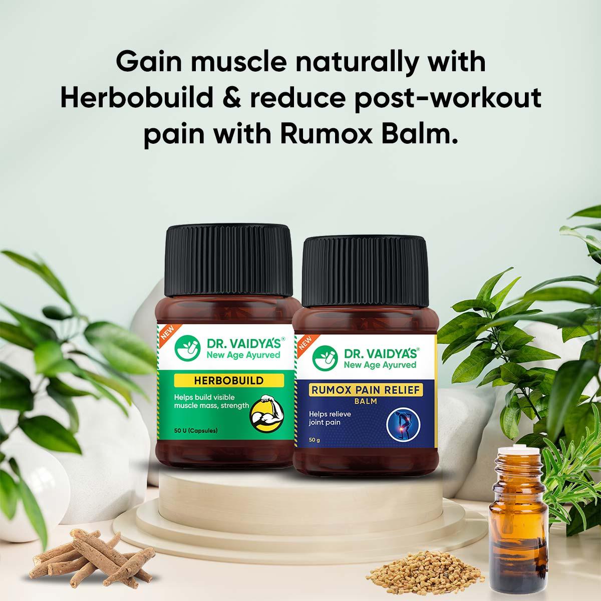 Herbobuild & Rumox Balm Combo: For Faster Muscle Gain and Relief From Muscle Stiffness & Soreness - Herbobuild
