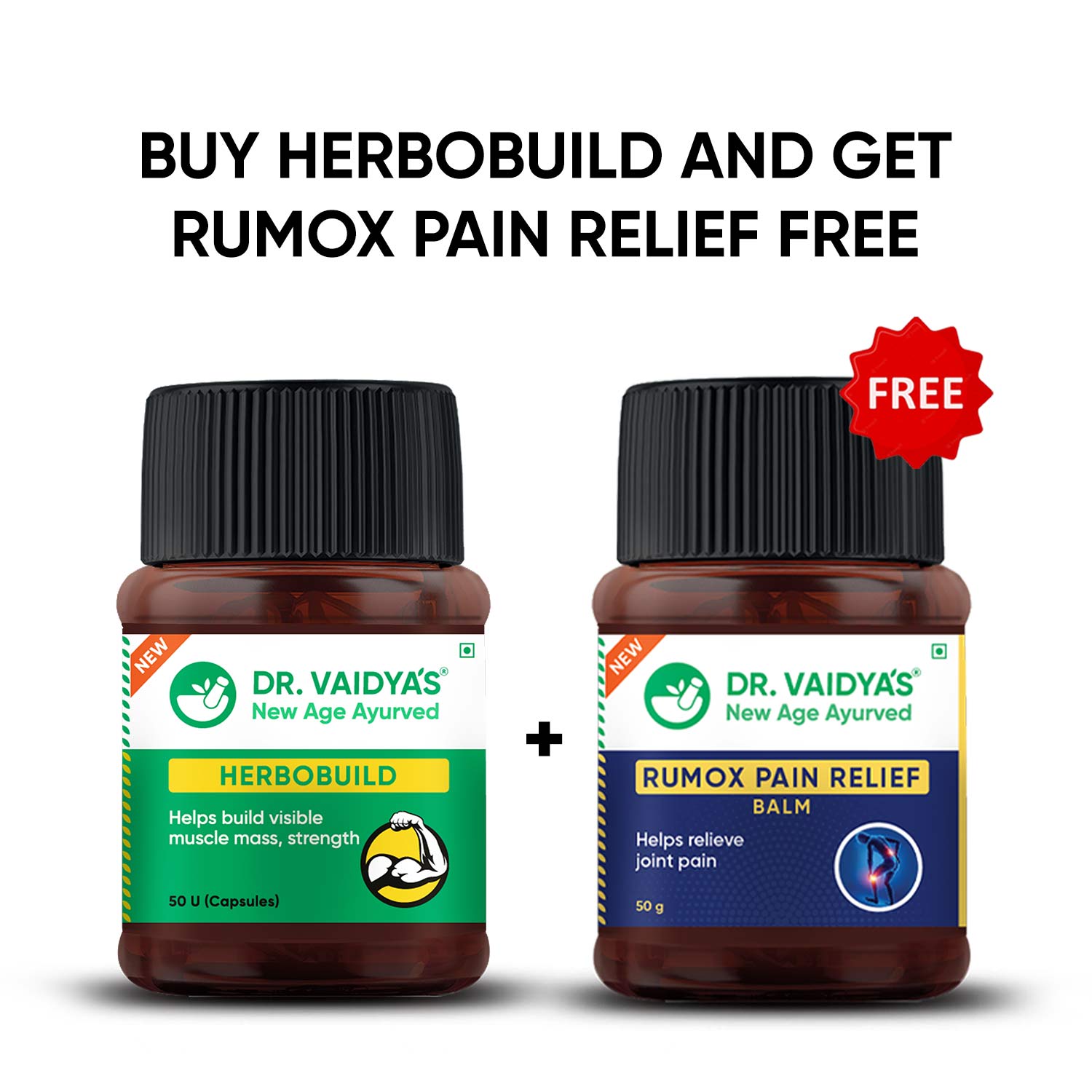 Herbobuild & Rumox Balm Combo: For Faster Muscle Gain and Relief From Muscle Stiffness & Soreness